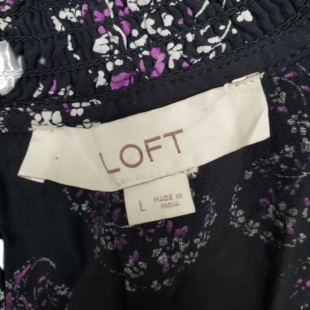 Ann Taylor LOFT L Blouse Smocked Paisley Boho Chic Lightweight Coquette Cottage - Picture 7 of 11